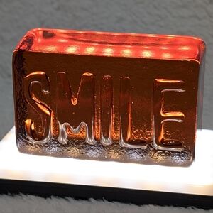 Vintage SMILE Amber Glass Rectangle Block Paperweight Decor 12.6 Oz